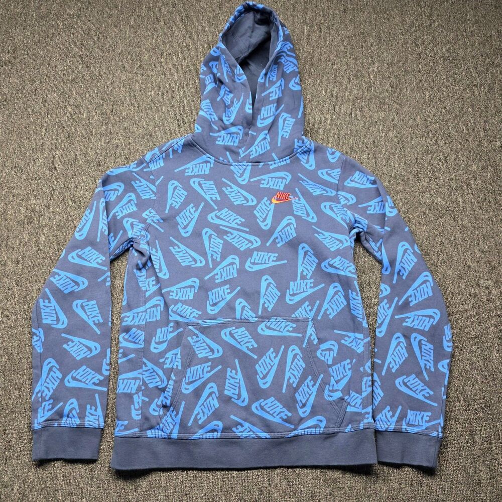 Nike Youth XL Blue All Over Print Logo Hoodie Sweatshirt Pullover Boy Girl Kids